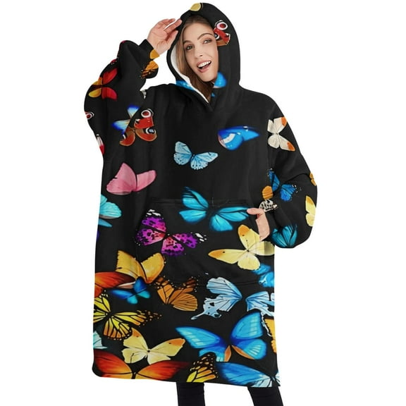 Oversized Wearable Blanket Hoodie,Black Blue Yellow Butterfly Pattern Sherpa Blanket Hoodie with Super Pockets,Super Warm Fuzzy Pullover for Women & Men