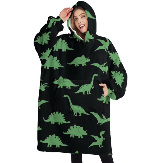 Oversized Wearable Blanket Hoodie,Black Cartoon Dinosaurs Pattern Sherpa Blanket Hoodie with Super Pockets,Super Warm Fuzzy Pullover for Women & Men
