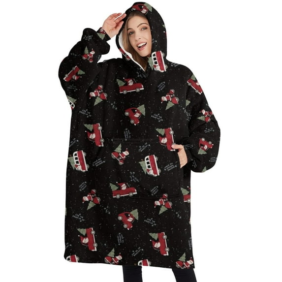 Oversized Wearable Blanket Hoodie,Black Christmas Car and Santa Pattern Sherpa Blanket Hoodie with Super Pockets,Super Warm Fuzzy Pullover for Women & Men