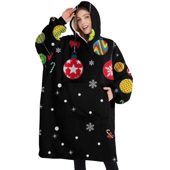 Oversized Wearable Blanket Hoodie,Black Christmas Ornament Pattern Sherpa Blanket Hoodie with Super Pockets,Super Warm Fuzzy Pullover for Women & Men
