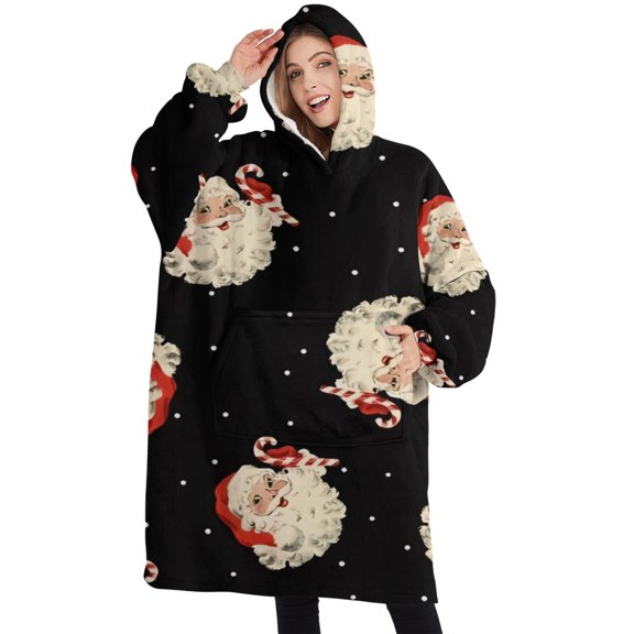 Oversized Wearable Blanket Hoodie,Black Christmas Santa Pattern Sherpa Blanket Hoodie with Super Pockets,Super Warm Fuzzy Pullover for Women & Men