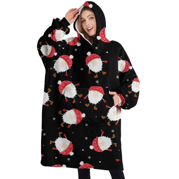 Oversized Wearable Blanket Hoodie,Black Christmas Santa Pattern Sherpa Blanket Hoodie with Super Pockets,Super Warm Fuzzy Pullover for Women & Men