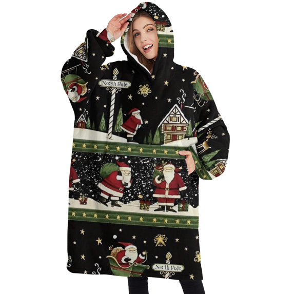 Oversized Wearable Blanket Hoodie,Black Christmas Santa Pattern Sherpa Blanket Hoodie with Super Pockets,Super Warm Fuzzy Pullover for Women & Men