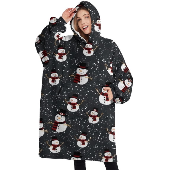 Oversized Wearable Blanket Hoodie,Black Christmas Snowman Pattern Sherpa Blanket Hoodie with Super Pockets,Super Warm Fuzzy Pullover for Women & Men