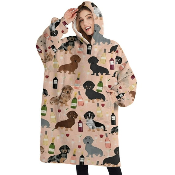 Oversized Wearable Blanket Hoodie,Black Cute Dachshund Dog and Wine Sherpa Blanket Hoodie with Super Pockets,Super Warm Fuzzy Pullover for Women & Men