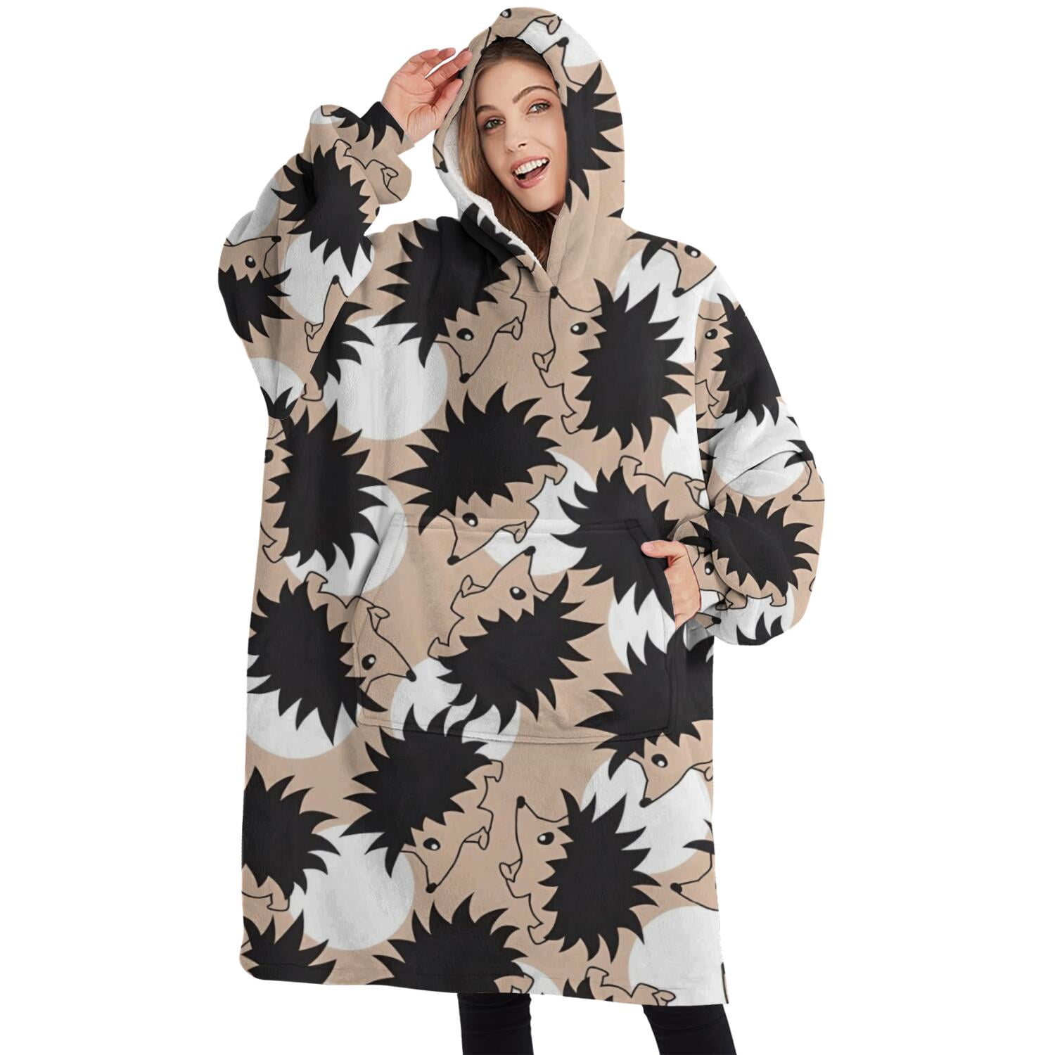 Oversized Wearable Blanket Hoodie,Black Cute Hedgehog Pattern Sherpa Blanket Hoodie with Super Pockets,Super Warm Fuzzy Pullover for Women & Men