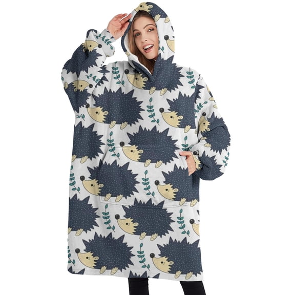 Oversized Wearable Blanket Hoodie,Black Cute Hedgehog Pattern Sherpa Blanket Hoodie with Super Pockets,Super Warm Fuzzy Pullover for Women & Men
