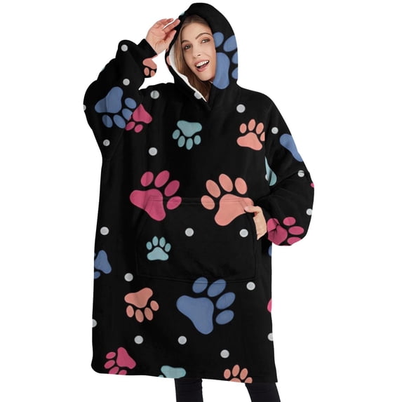 Oversized Wearable Blanket Hoodie,Black Dog Paw Footprint Sherpa Blanket Hoodie with Super Pockets,Super Warm Fuzzy Pullover for Women & Men