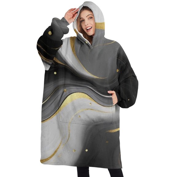 Oversized Wearable Blanket Hoodie,Black and Gold Marble Glitter Splashes Pattern Sherpa Blanket Hoodie with Super Pockets,Super Warm Fuzzy Pullover for Women & Men
