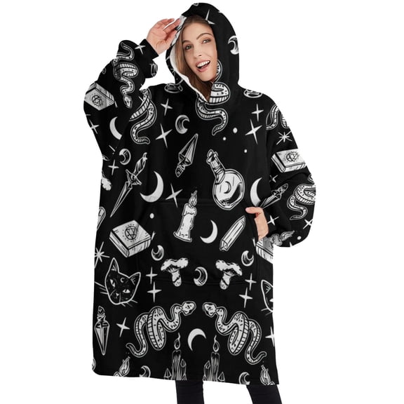 Oversized Wearable Blanket Hoodie,Black Gothic Cat Snake Moon Pattern Sherpa Blanket Hoodie with Super Pockets,Super Warm Fuzzy Pullover for Women & Men