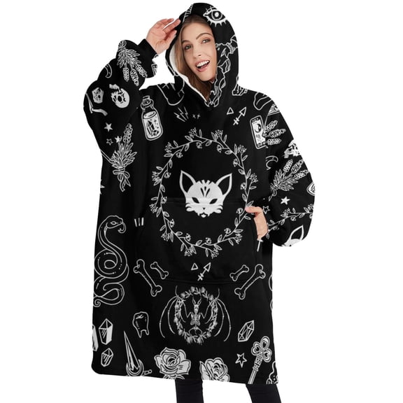 Oversized Wearable Blanket Hoodie,Black Gothic Skull Cat Pattern Sherpa Blanket Hoodie with Super Pockets,Super Warm Fuzzy Pullover for Women & Men