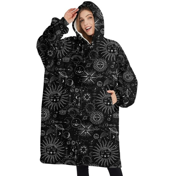 Oversized Wearable Blanket Hoodie,Black Gothic Sun Planet Pattern Sherpa Blanket Hoodie with Super Pockets,Super Warm Fuzzy Pullover for Women & Men