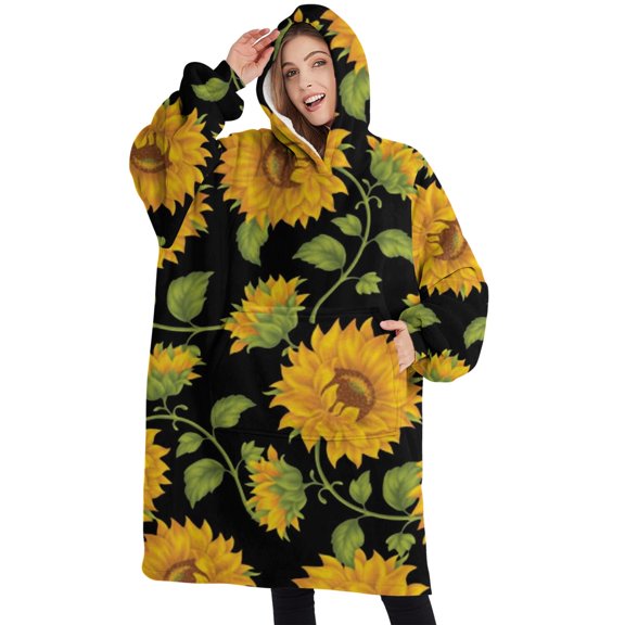 Oversized Wearable Blanket Hoodie,Black Green Leaf Sunflower Pattern Sherpa Blanket Hoodie with Super Pockets,Super Warm Fuzzy Pullover for Women & Men