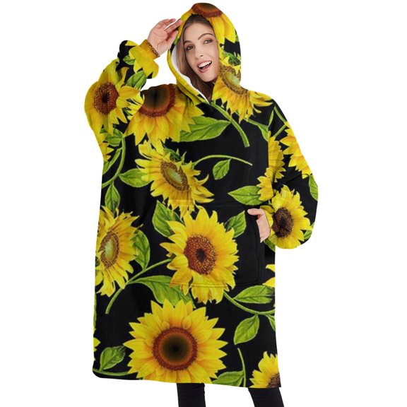 Oversized Wearable Blanket Hoodie,Black Green Leaf Sunflower Pattern Sherpa Blanket Hoodie with Super Pockets,Super Warm Fuzzy Pullover for Women & Men