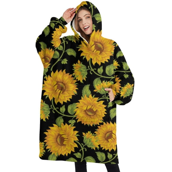 Oversized Wearable Blanket Hoodie,Black Green Stem Sunflower Pattern Sherpa Blanket Hoodie with Super Pockets,Super Warm Fuzzy Pullover for Women & Men