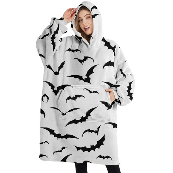 Oversized Wearable Blanket Hoodie,Black Halloween Bats Sherpa Blanket Hoodie with Super Pockets,Super Warm Fuzzy Pullover for Women & Men