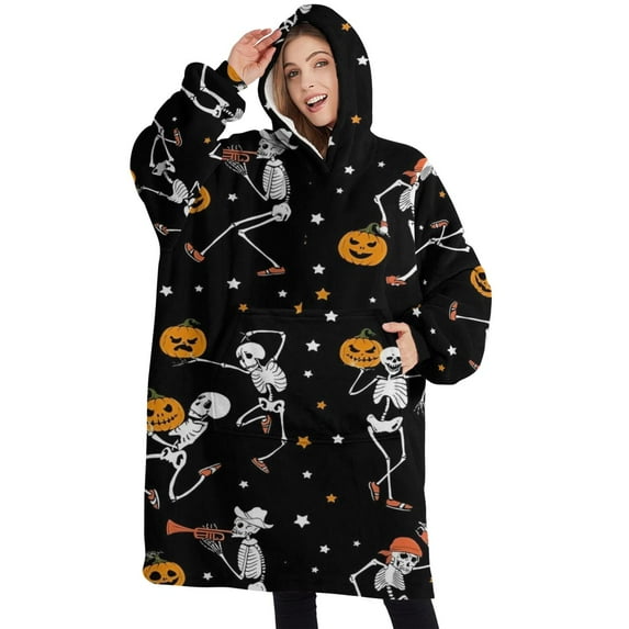 Oversized Wearable Blanket Hoodie,Black Halloween Dancing Skeletons Sherpa Blanket Hoodie with Super Pockets,Super Warm Fuzzy Pullover for Women & Men