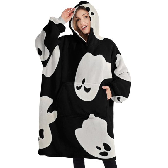 Oversized Wearable Blanket Hoodie,Black Halloween Ghost Silhouettes Sherpa Blanket Hoodie with Super Pockets,Super Warm Fuzzy Pullover for Women & Men