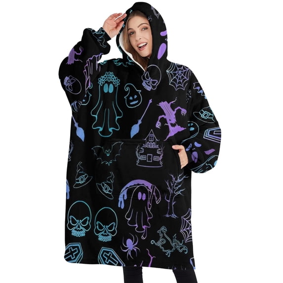 Oversized Wearable Blanket Hoodie,Black Halloween Ghost Spider Pattern Sherpa Blanket Hoodie with Super Pockets,Super Warm Fuzzy Pullover for Women & Men