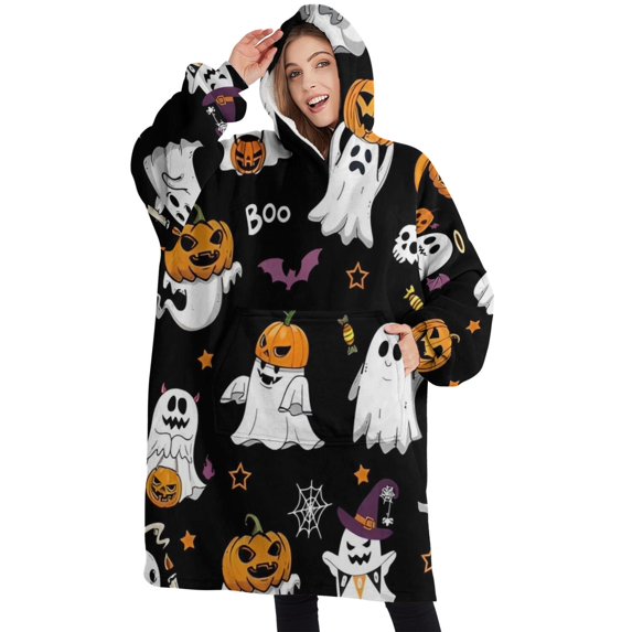 Oversized Wearable Blanket Hoodie,Black Halloween Ghosts and Pumpkins Sherpa Blanket Hoodie with Super Pockets,Super Warm Fuzzy Pullover for Women & Men