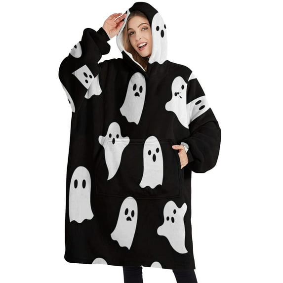 Oversized Wearable Blanket Hoodie,Black Halloween Ghosts Sherpa Blanket Hoodie with Super Pockets,Super Warm Fuzzy Pullover for Women & Men