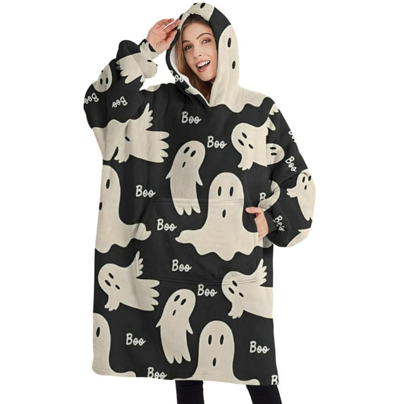 Oversized Wearable Blanket Hoodie,Black Halloween Ghosts with Boo Sherpa Blanket Hoodie with Super Pockets,Super Warm Fuzzy Pullover for Women & Men