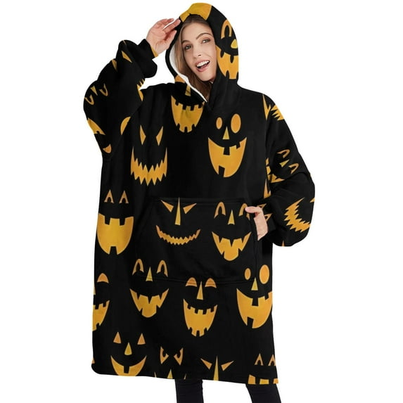 Oversized Wearable Blanket Hoodie,Black Halloween Pumpkin Faces Sherpa Blanket Hoodie with Super Pockets,Super Warm Fuzzy Pullover for Women & Men