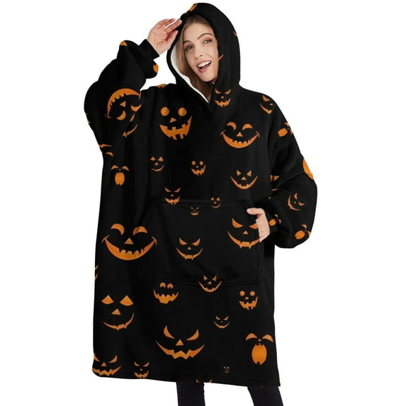 Oversized Wearable Blanket Hoodie,Black Halloween Pumpkin Faces Sherpa Blanket Hoodie with Super Pockets,Super Warm Fuzzy Pullover for Women & Men