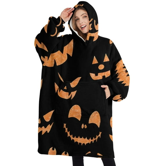 Oversized Wearable Blanket Hoodie,Black Halloween Pumpkin Faces Sherpa Blanket Hoodie with Super Pockets,Super Warm Fuzzy Pullover for Women & Men