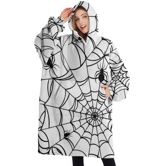 Oversized Wearable Blanket Hoodie,Black Halloween Spider Webs Sherpa Blanket Hoodie with Super Pockets,Super Warm Fuzzy Pullover for Women & Men