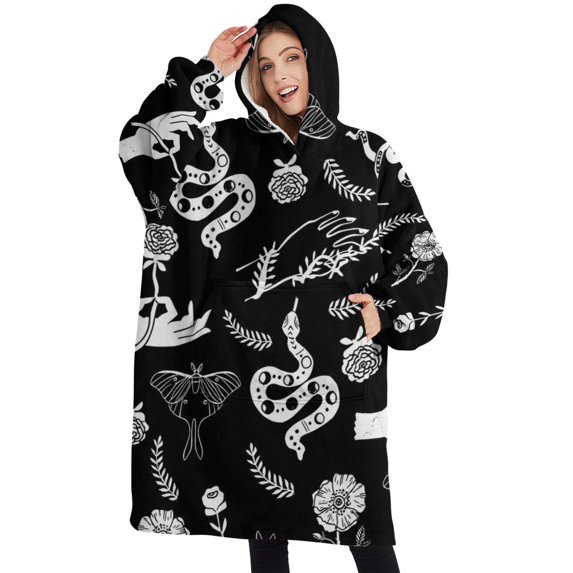 Oversized Wearable Blanket Hoodie,Black Hand Flower Snake Pattern Sherpa Blanket Hoodie with Super Pockets,Super Warm Fuzzy Pullover for Women & Men