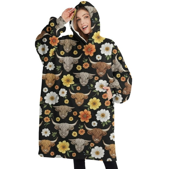 Oversized Wearable Blanket Hoodie,Black Highland Cow Flower Pattern Sherpa Blanket Hoodie with Super Pockets,Super Warm Fuzzy Pullover for Women & Men