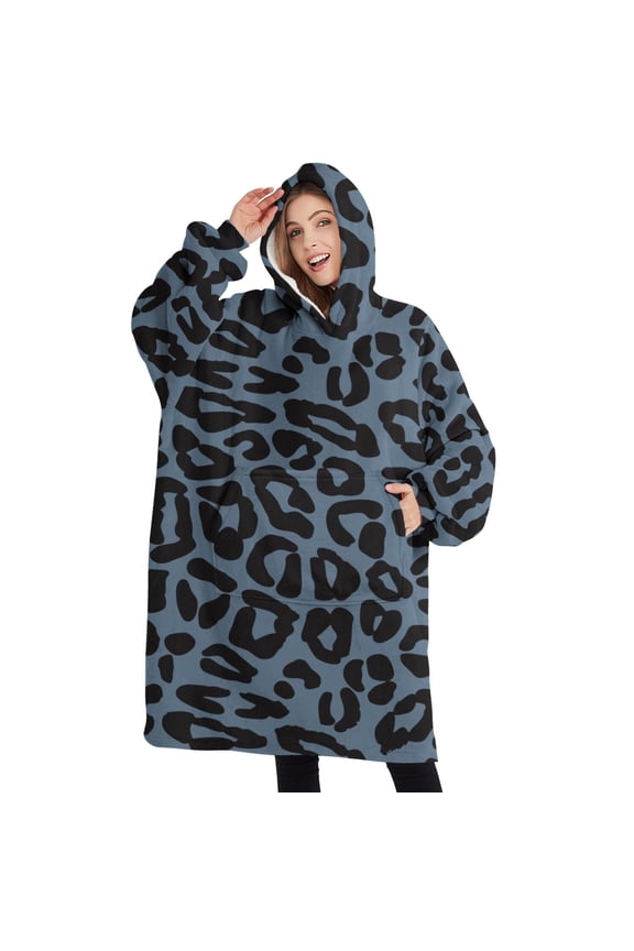 Oversized Wearable Blanket Hoodie,Black Leopard Pattern Sherpa Blanket Hoodie with Super Pockets,Super Warm Fuzzy Pullover for Women & Men