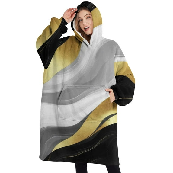 Oversized Wearable Blanket Hoodie,Black Marble Gold Line Pattern Sherpa Blanket Hoodie with Super Pockets,Super Warm Fuzzy Pullover for Women & Men