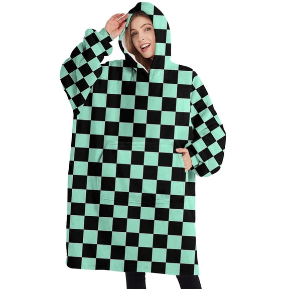 Oversized Wearable Blanket Hoodie,Black and Mint Green Checkerboard Pattern Sherpa Blanket Hoodie with Super Pockets,Super Warm Fuzzy Pullover for Women & Men
