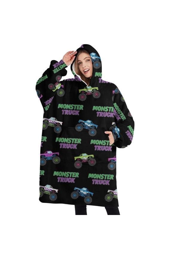 Oversized Wearable Blanket Hoodie,Black Monster Cartoon Trucks Pattern Sherpa Blanket Hoodie with Super Pockets,Super Warm Fuzzy Pullover for Women & Men