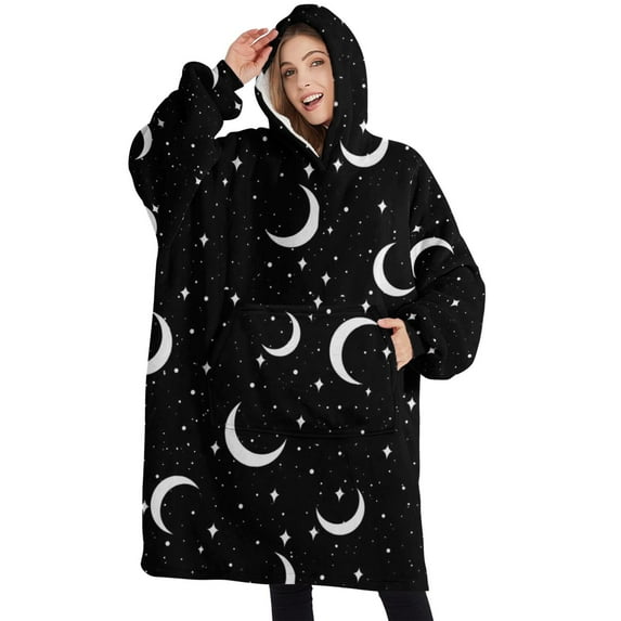 Oversized Wearable Blanket Hoodie,Black Moon Star Pattern Sherpa Blanket Hoodie with Super Pockets,Super Warm Fuzzy Pullover for Women & Men