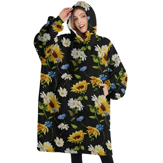 Oversized Wearable Blanket Hoodie,Black Multicolor Flower Sunflower Pattern Sherpa Blanket Hoodie with Super Pockets,Super Warm Fuzzy Pullover for Women & Men