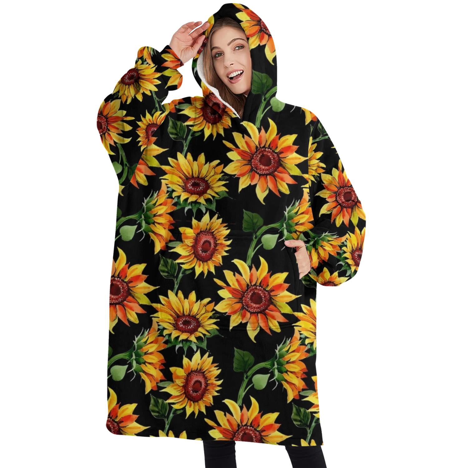 Oversized Wearable Blanket Hoodie,Black Orange Sunflower Pattern Sherpa Blanket Hoodie with Super Pockets,Super Warm Fuzzy Pullover for Women & Men