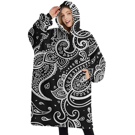 Oversized Wearable Blanket Hoodie,Black Paisley Pattern Sherpa Blanket Hoodie with Super Pockets,Super Warm Fuzzy Pullover for Women & Men