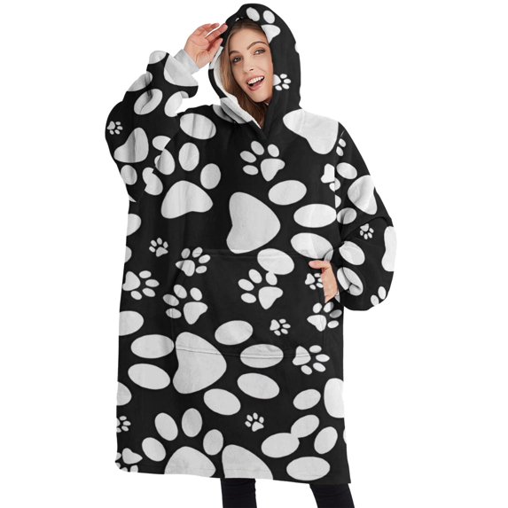 Oversized Wearable Blanket Hoodie,Black Paw Sherpa Blanket Hoodie with Super Pockets,Super Warm Fuzzy Pullover for Women & Men
