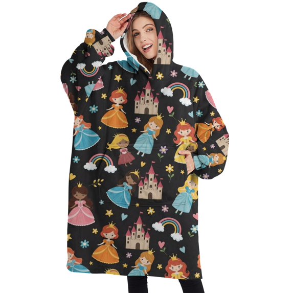 Oversized Wearable Blanket Hoodie,Black Princess Castle Pattern Sherpa Blanket Hoodie with Super Pockets,Super Warm Fuzzy Pullover for Women & Men