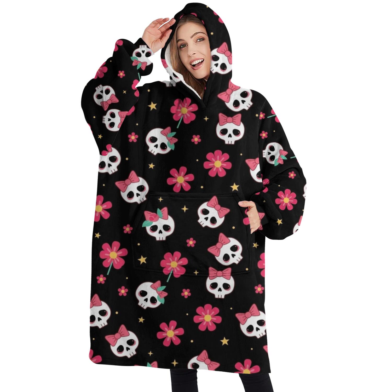 Oversized Wearable Blanket Hoodie,Black Skull Flower Bow Pattern Sherpa Blanket Hoodie with Super Pockets,Super Warm Fuzzy Pullover for Women & Men
