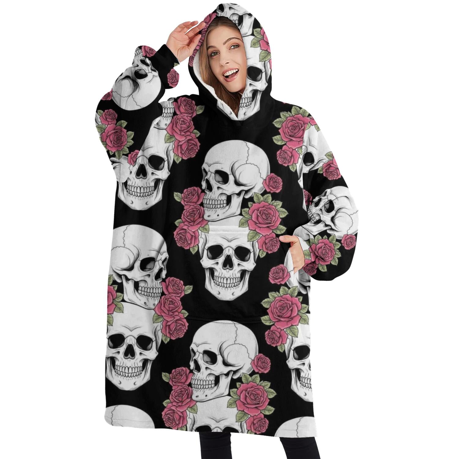 Oversized Wearable Blanket Hoodie,Black Skull Rose Pattern Sherpa Blanket Hoodie with Super Pockets,Super Warm Fuzzy Pullover for Women & Men