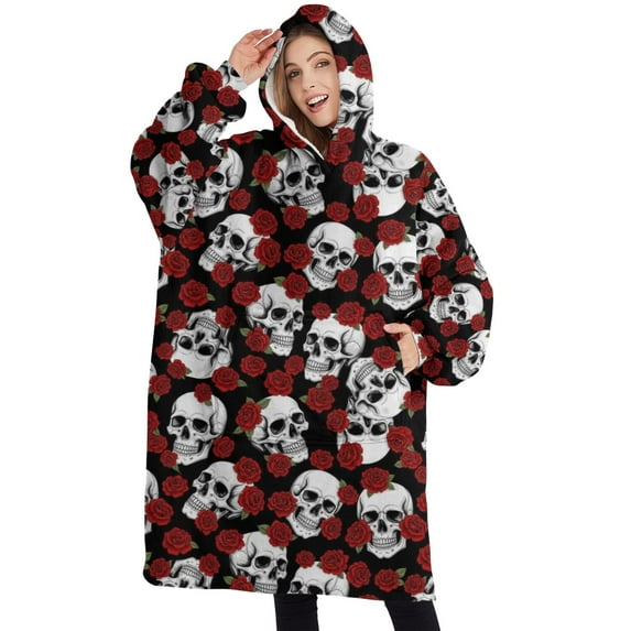 Oversized Wearable Blanket Hoodie,Black Skull Rose Pattern Sherpa Blanket Hoodie with Super Pockets,Super Warm Fuzzy Pullover for Women & Men