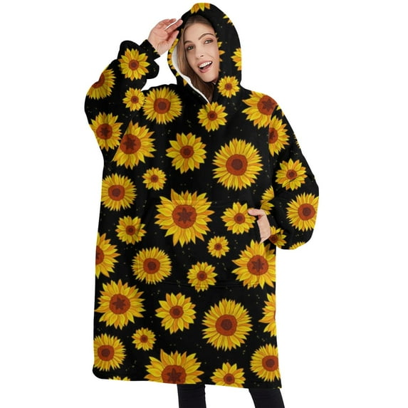 Oversized Wearable Blanket Hoodie,Black Small Sunflower Pattern Sherpa Blanket Hoodie with Super Pockets,Super Warm Fuzzy Pullover for Women & Men