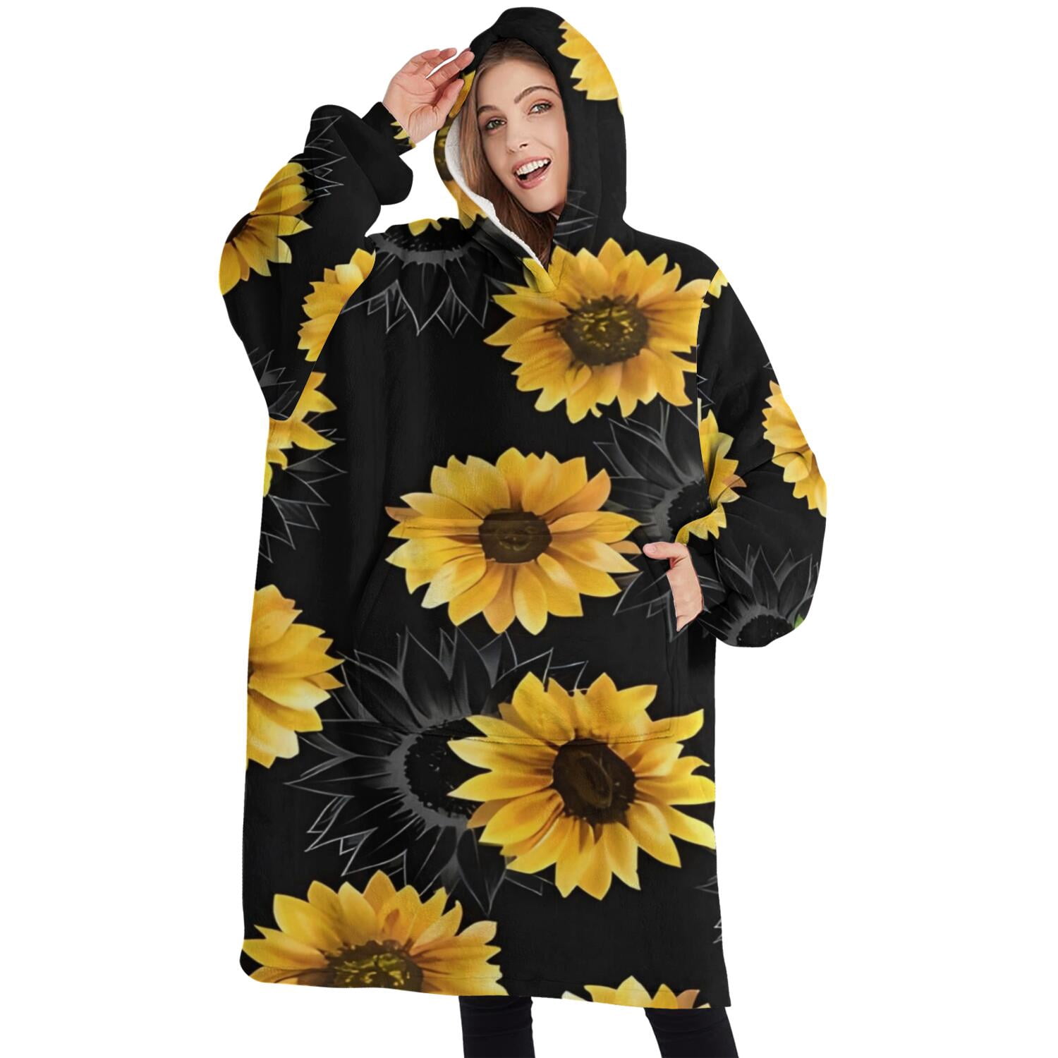 Oversized Wearable Blanket Hoodie,Black Sunflower Gray Petal Pattern Sherpa Blanket Hoodie with Super Pockets,Super Warm Fuzzy Pullover for Women & Men