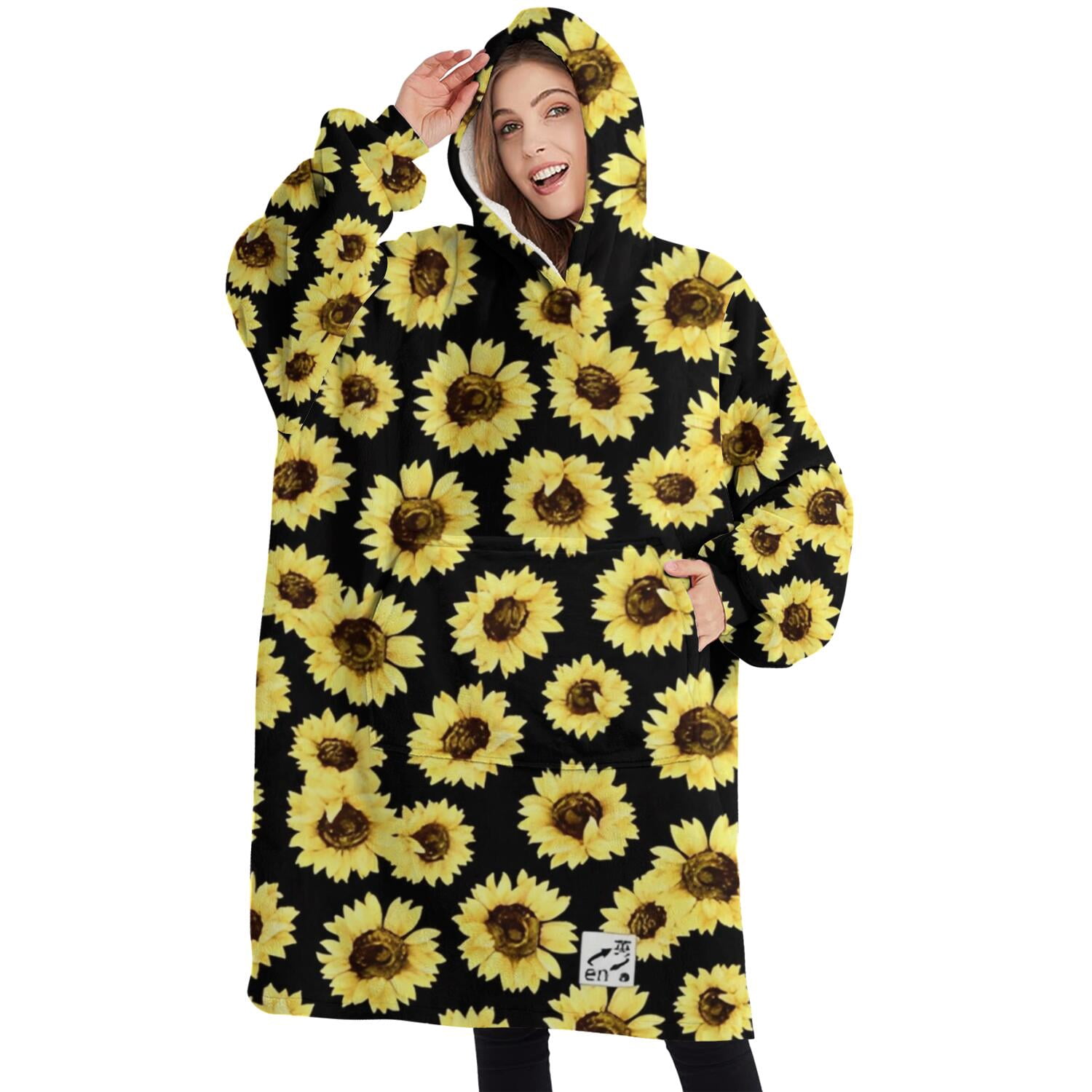 Oversized Wearable Blanket Hoodie,Black Sunflower Pattern Sherpa Blanket Hoodie with Super Pockets,Super Warm Fuzzy Pullover for Women & Men