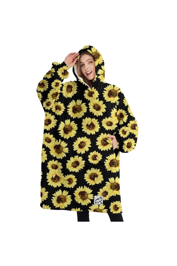 Oversized Wearable Blanket Hoodie,Black Sunflower Pattern Sherpa Blanket Hoodie with Super Pockets,Super Warm Fuzzy Pullover for Women & Men