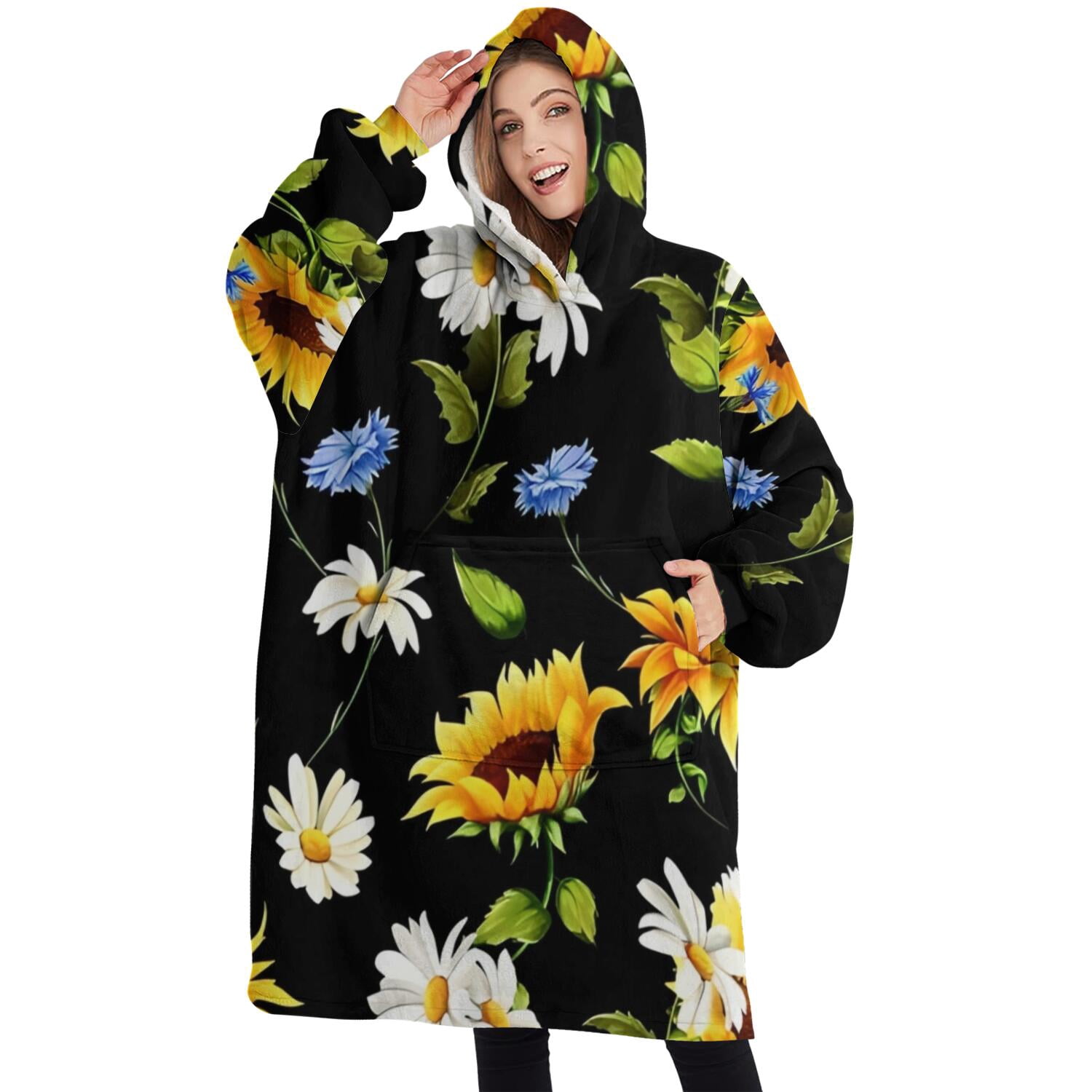 Oversized Wearable Blanket Hoodie,Black Sunflower White Daisy Pattern Sherpa Blanket Hoodie with Super Pockets,Super Warm Fuzzy Pullover for Women & Men